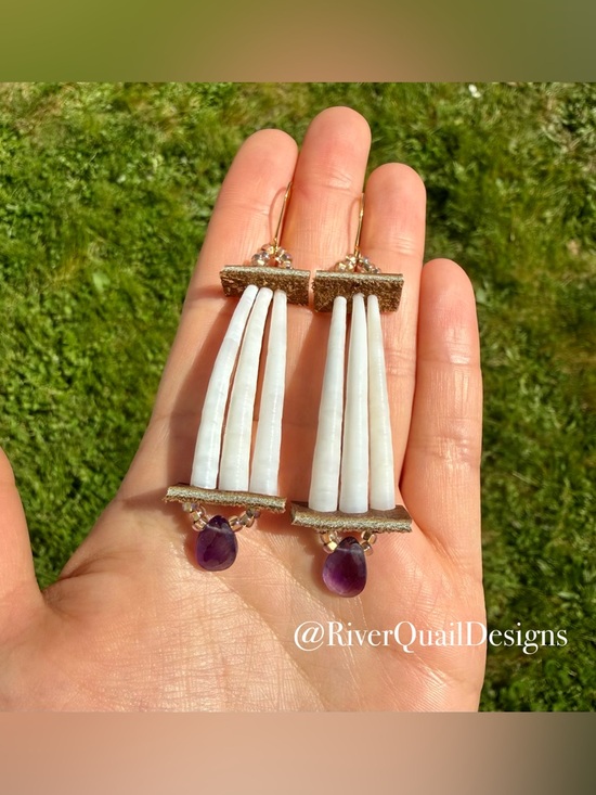 Handmade Jewelry - Handmade White Dentalium, Amethyst, Leather Earrings Native Made Indigenous Art